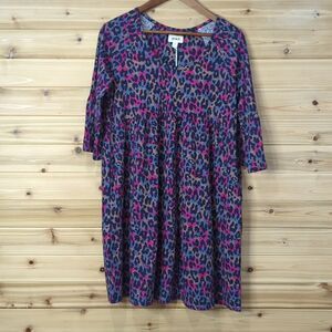 Pact Dress Womens Small Purple Revive Flutter Sleeve Dress Leopard NWT
